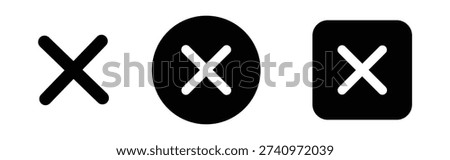 Close icon set with X mark symbol in solid button styles. Cancel, remove and error UI action icons for app interface and web navigation design