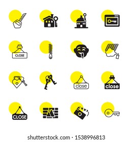 close icons. Editable 16 close icons. Included icons such as Key, Movie Clapper Open, Graffiti, Close, Padlock, Dribble, Zipper, House key. trendy icons for web.