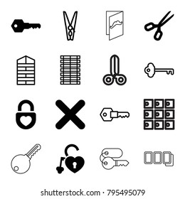 Close icons. set of 16 editable filled and outline close icons such as scissors, heart lock, cancel, key, shutter blinds, cloth pin, jalousie, luggage storage, door