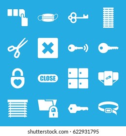 Close icons set. set of 16 close filled icons such as luggage storage, diaper, push button, belt, heart lock, medical mask, key, close, window shutter, jalousie, scissors