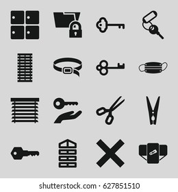 Close icons set. set of 16 close filled icons such as luggage storage, shutter blinds, diaper, key, belt, medical mask, cloth pin, window shutter, jalousie, key on hand