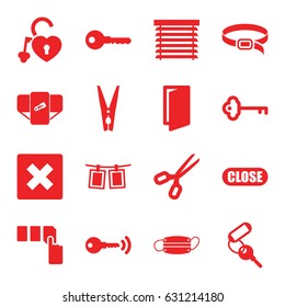 Close icons set. set of 16 close filled icons such as diaper, door, key, push button, belt, heart lock, medical mask, cloth pin, photos on rope, close, window shutter