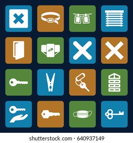 Close icons set. set of 16 close filled icons such as shutter blinds, diaper, door, key, belt, medical mask, cancel, cloth pin, photos on rope, window shutter