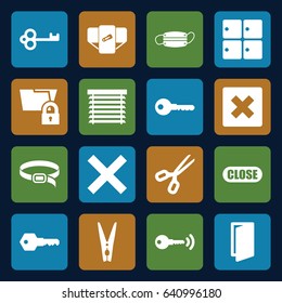 Close icons set. set of 16 close filled icons such as luggage storage, diaper, door, belt, key, medical mask, cloth pin, close, window shutter, scissors, cancel