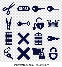 Close icons set. set of 16 close filled icons such as shutter blinds, key, heart lock, cancel, cloth pin, photos on rope, close, jalousie, scissors