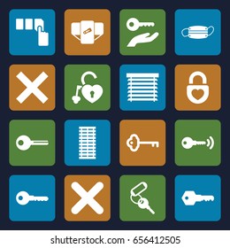 Close icons set. set of 16 close filled icons such as diaper, key, push button, heart lock, medical mask, cancel, window shutter, jalousie