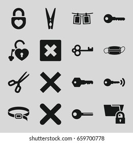 Close icons set. set of 16 close filled icons such as belt, key, heart lock, medical mask, cancel, cloth pin, photos on rope, scissors