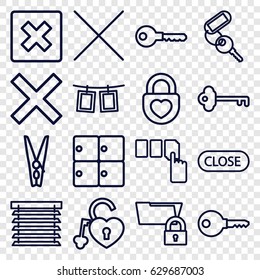 Close icons set. set of 16 close outline icons such as luggage storage, key, push button, heart lock, cancel, cloth pin, photos on rope, close, window shutter