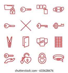 Close icons set. set of 16 close outline icons such as diaper, door, push button, belt, key, heart lock, medical mask, cancel, cloth pin, jalousie, key on hand