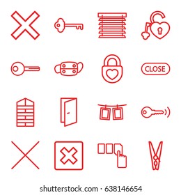 Close icons set. set of 16 close outline icons such as shutter blinds, door, push button, heart lock, medical mask, cancel, cloth pin, photos on rope, key, close