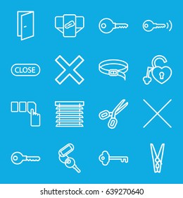 Close icons set. set of 16 close outline icons such as diaper, door, key, push button, belt, heart lock, cancel, cloth pin, close, window shutter