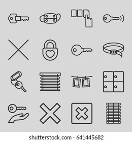 Close icons set. set of 16 close outline icons such as luggage storage, key, push button, belt, heart lock, medical mask, cancel, photos on rope, window shutter, jalousie