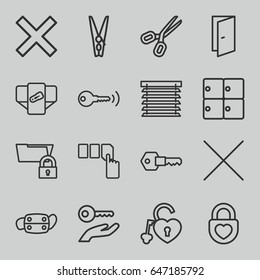 Close icons set. set of 16 close outline icons such as luggage storage, diaper, door, push button, heart lock, medical mask, cancel, cloth pin, key, window shutter, scissors