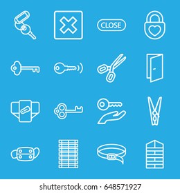 Close icons set. set of 16 close outline icons such as shutter blinds, diaper, door, key, belt, heart lock, medical mask, cloth pin, close, jalousie, cancel, scissors