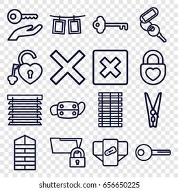 Close icons set. set of 16 close outline icons such as shutter blinds, diaper, key, heart lock, medical mask, cloth pin, photos on rope, window shutter, jalousie, cancel
