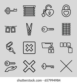 Close icons set. set of 16 close outline icons such as key, push button, heart lock, cancel, cloth pin, photos on rope, window shutter, jalousie, key on hand