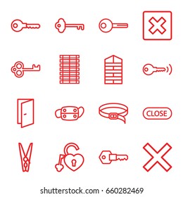 Close icons set. set of 16 close outline icons such as shutter blinds, door, belt, key, heart lock, medical mask, cloth pin, close, jalousie