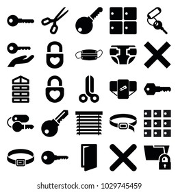 Close icons. set of 25 editable filled close icons such as luggage storage, shutter blinds, diaper, door, key, belt, scissors, heart lock, medical mask, folder protection