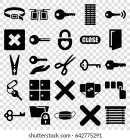 Close icons set. set of 25 close filled icons such as luggage storage, diaper, door, key, push button, belt, heart lock, medical mask, cancel, cloth pin, photos on rope, close