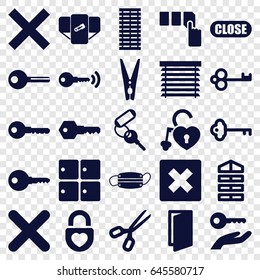 Close icons set. set of 25 close filled icons such as luggage storage, shutter blinds, diaper, door, key, push button, heart lock, medical mask, cancel, cloth pin, close