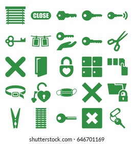 Close icons set. set of 25 close filled icons such as luggage storage, door, key, push button, belt, heart lock, medical mask, cancel, cloth pin, photos on rope, close