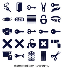 Close icons set. set of 25 close filled icons such as shutter blinds, diaper, door, key, push button, belt, heart lock, medical mask, cancel, cloth pin, close, window shutter