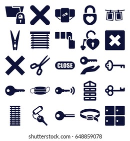 Close icons set. set of 25 close filled icons such as luggage storage, shutter blinds, diaper, key, push button, belt, heart lock, medical mask, cancel, cloth pin