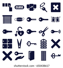 Close icons set. set of 25 close filled icons such as luggage storage, shutter blinds, diaper, door, key, push button, heart lock, medical mask, cancel, cloth pin