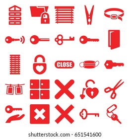 Close icons set. set of 25 close filled icons such as luggage storage, shutter blinds, door, key, belt, heart lock, medical mask, cancel, cloth pin, photos on rope, close