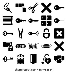 Close icons set. set of 25 close filled icons such as luggage storage, shutter blinds, diaper, door, key, push button, heart lock, medical mask, cancel, cloth pin
