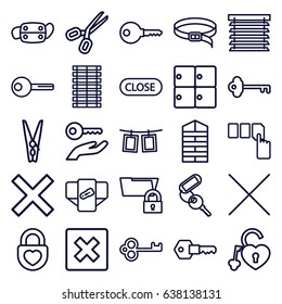 Close icons set. set of 25 close outline icons such as luggage storage, shutter blinds, diaper, key, push button, belt, heart lock, medical mask, cancel, cloth pin