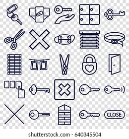 Close icons set. set of 25 close outline icons such as luggage storage, shutter blinds, diaper, door, key, push button, belt, heart lock, medical mask, cancel, cloth pin