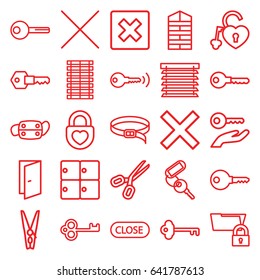 Close icons set. set of 25 close outline icons such as luggage storage, shutter blinds, door, key, belt, heart lock, medical mask, cancel, cloth pin, close, window shutter
