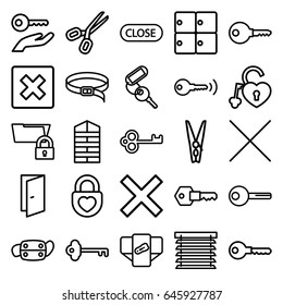 Close icons set. set of 25 close outline icons such as luggage storage, shutter blinds, diaper, door, key, belt, heart lock, medical mask, cancel, cloth pin, close