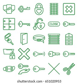 Close icons set. set of 25 close outline icons such as luggage storage, shutter blinds, diaper, door, key, belt, heart lock, medical mask, cancel, close, window shutter