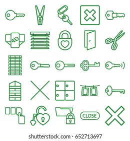 Close icons set. set of 25 close outline icons such as luggage storage, shutter blinds, diaper, door, key, push button, heart lock, cancel, cloth pin, photos on rope, close