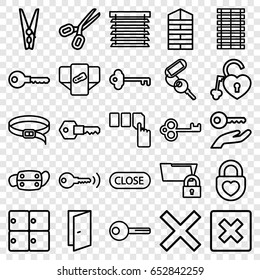 Close icons set. set of 25 close outline icons such as luggage storage, shutter blinds, diaper, door, key, push button, belt, heart lock, medical mask, cloth pin, close