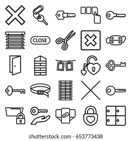Close icons set. set of 25 close outline icons such as luggage storage, shutter blinds, diaper, door, key, push button, belt, heart lock, medical mask, cancel, photos on rope