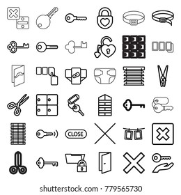 Close icons. set of 36 editable outline close icons such as key, luggage storage, shutter blinds, diaper, door, push button, belt, cancel, scissors, heart lock