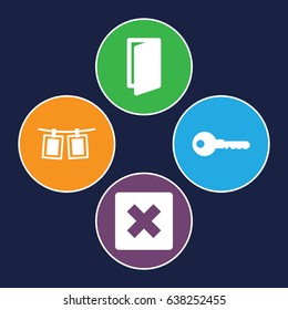 Close icons set. set of 4 close filled icons such as door, key, photos on rope