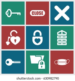 Close icons set. set of 9 close filled icons such as shutter blinds, heart lock, medical mask, cancel, key, close