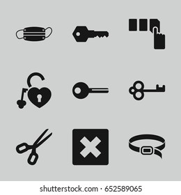 Close icons set. set of 9 close filled icons such as push button, belt, heart lock, medical mask, key, scissors
