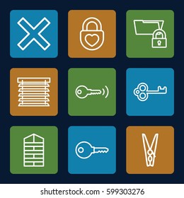 close icons set. Set of 9 close outline icons such as shutter blinds, heart lock, cloth pin, window shutter, key, folder protection