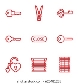 Close icons set. set of 9 close outline icons such as key, heart lock, cloth pin, close, window shutter