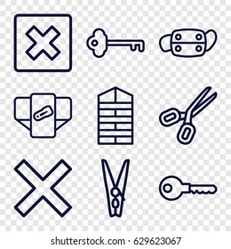 Close icons set. set of 9 close outline icons such as shutter blinds, diaper, key, medical mask, cloth pin, cancel