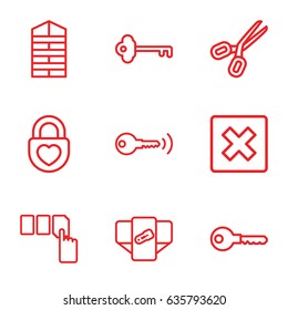 Close icons set. set of 9 close outline icons such as shutter blinds, diaper, push button, key, heart lock, cancel