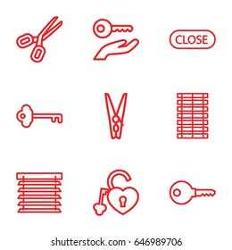 Close icons set. set of 9 close outline icons such as heart lock, cloth pin, close, window shutter, key, jalousie, scissors