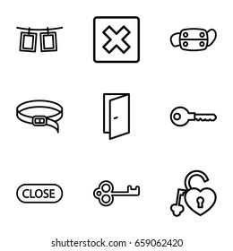 Close icons set. set of 9 close outline icons such as door, belt, key, heart lock, medical mask, photos on rope, close