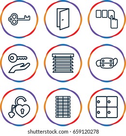 Close icons set. set of 9 close outline icons such as luggage storage, door, push button, heart lock, medical mask, window shutter, jalousie, key