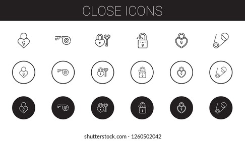 close icons set. Collection of close with padlock, key, safety pin. Editable and scalable close icons.